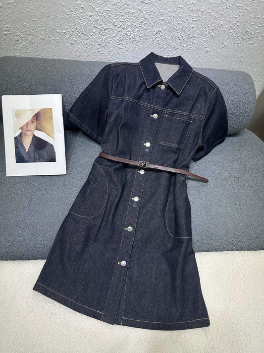 Belted Stitch Detail Denim Shirtdress