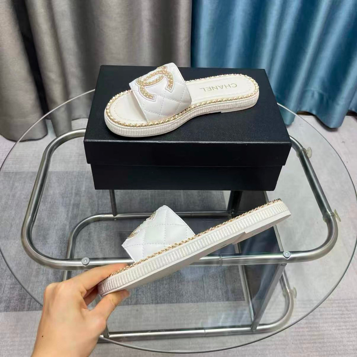 Chain-Trim Leather Slide Sandals