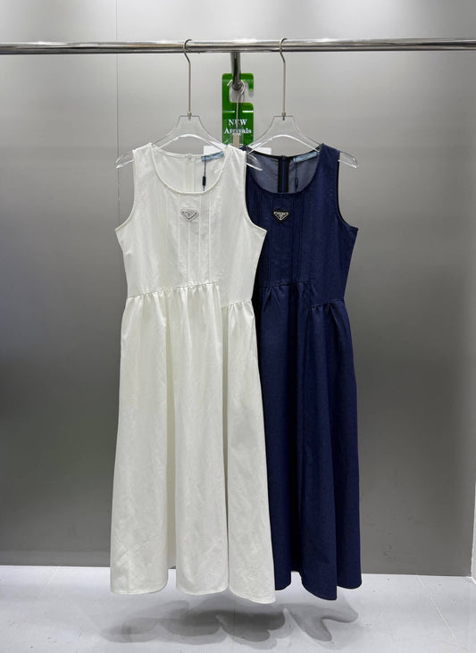 Triangle Badge Pleated Bust Tank Midi Dress