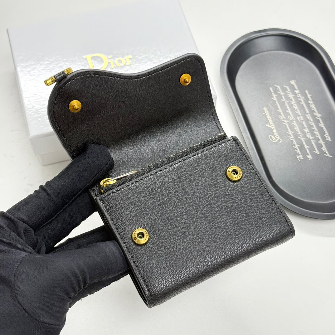 Black Grained Calfskin  Short Card Holder Wallet