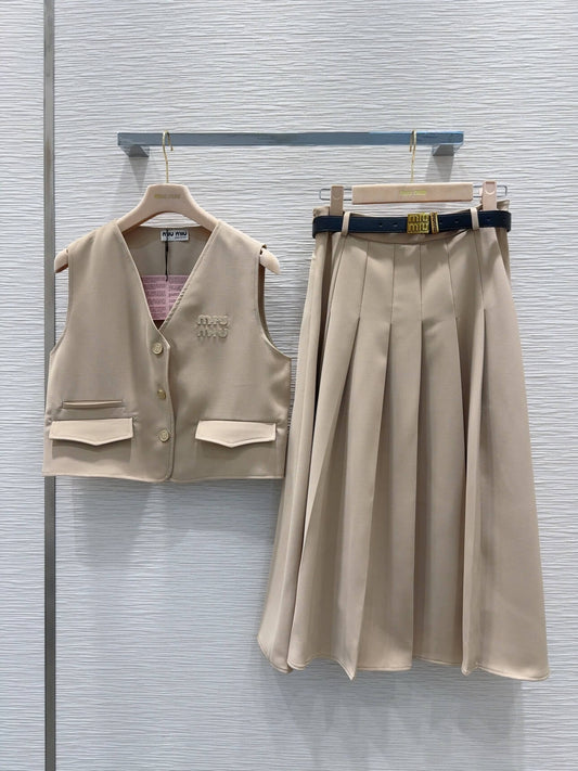 Embroidered Logo Cropped Vest Pleated Midi Skirt Set