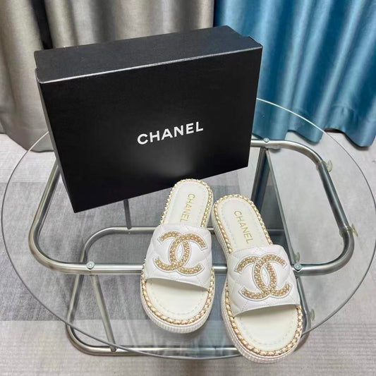 Chain-Trim Leather Slide Sandals
