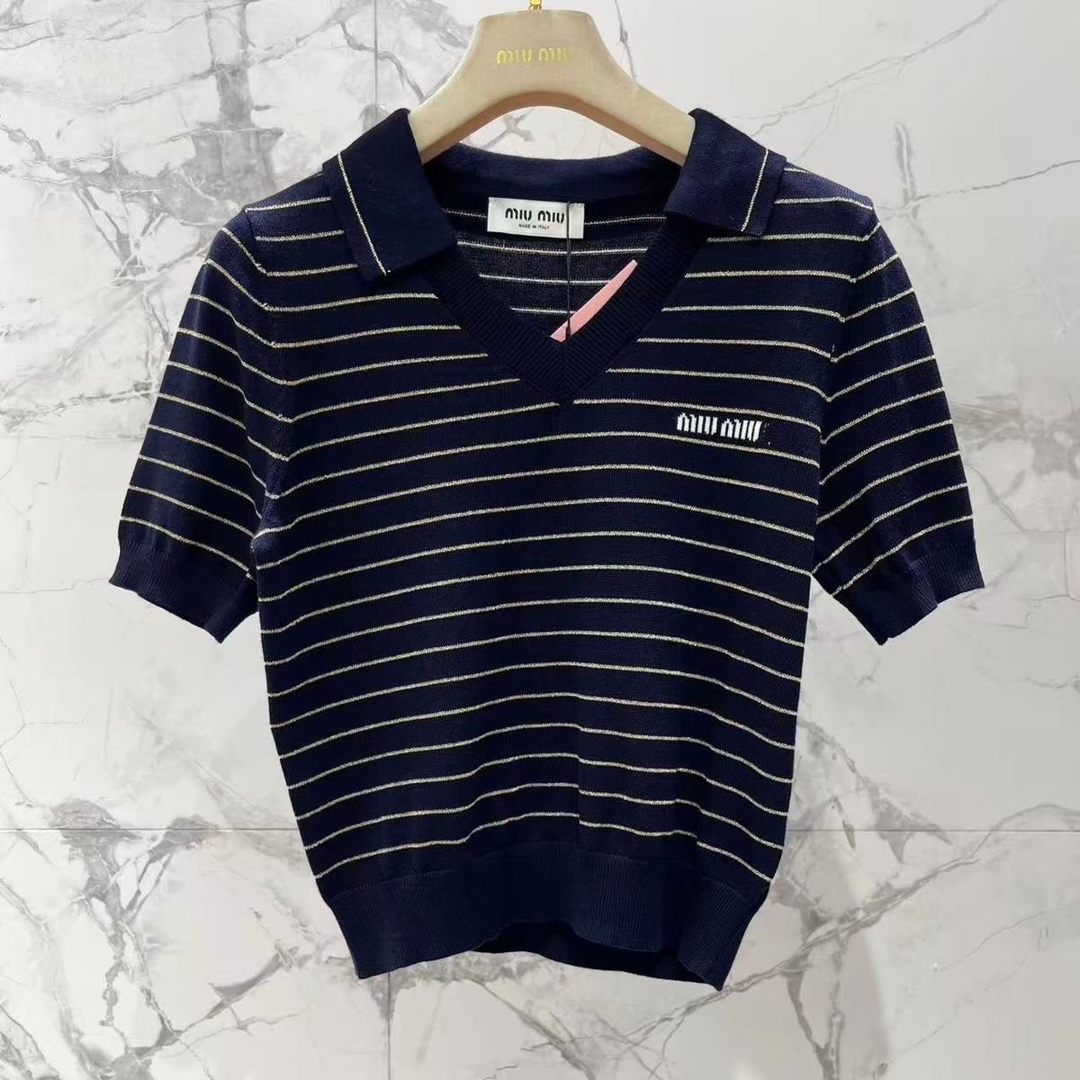 Color-Block Stripe Polo Knit Top