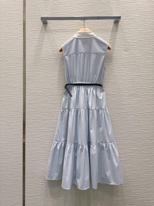 Blue Pinstripe Sleeveless Waist Tie Dress
