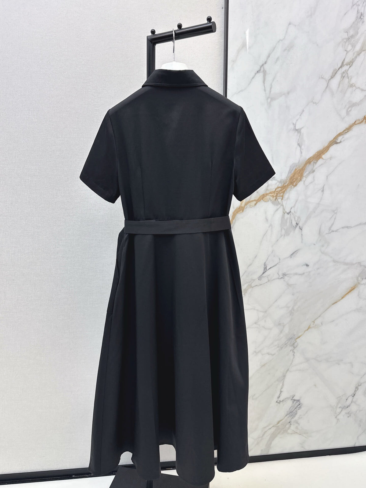 Lapel Short Sleeve Pocket Waist Tie Dress