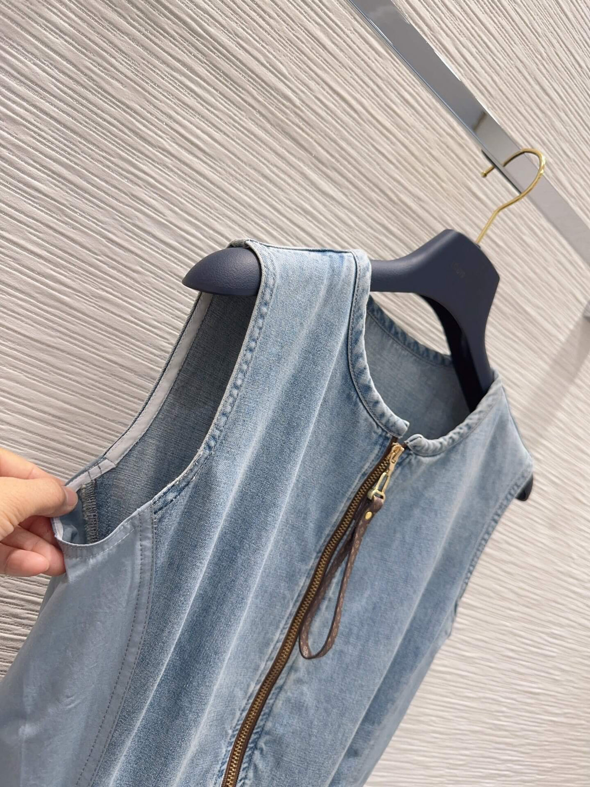 Wash Blue Front Full Zip Tie Waist Dress