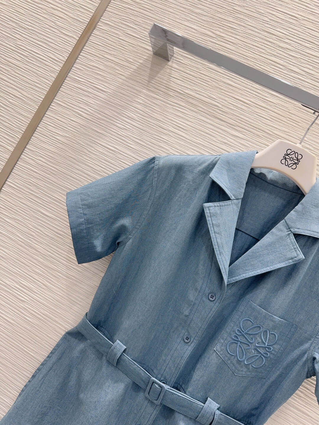 Anagram Embroidery Belted Denim Midi Dress