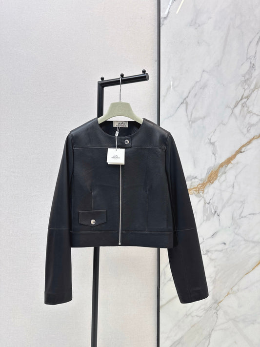 ound Neck Zip Cropped Leather Jacket
