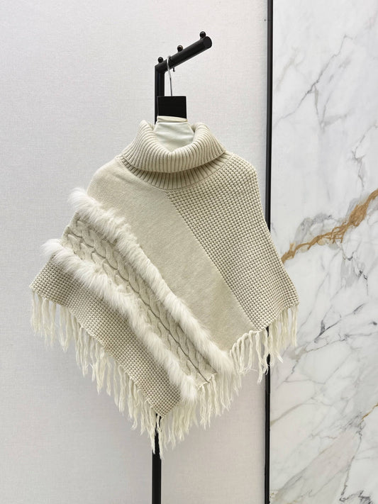 Turtleneck Fringe Knit Poncho