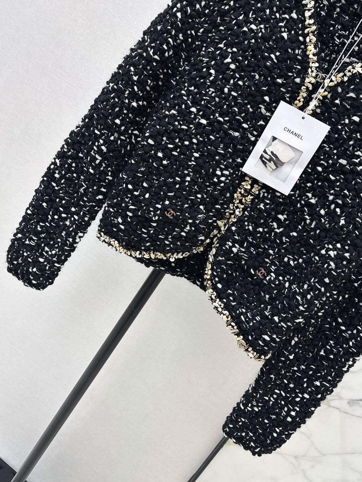 Black Tweed Gold Trim V-Neck Jacket