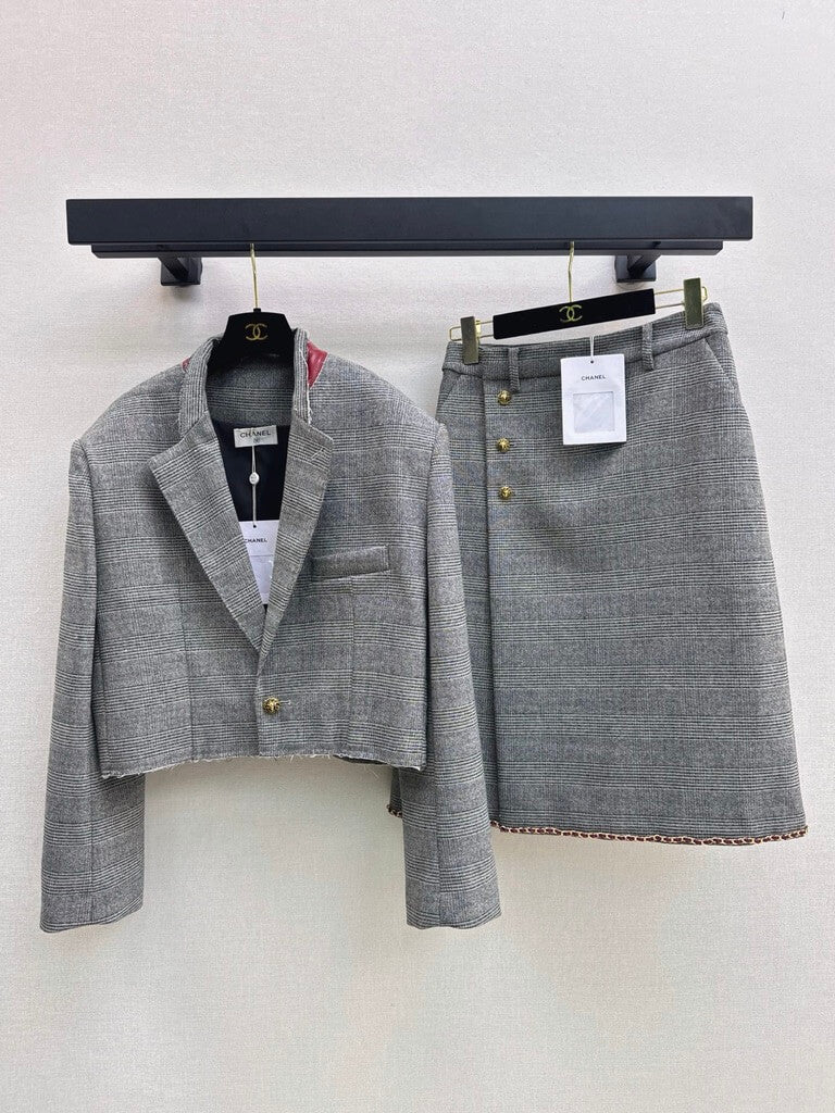 Plaid Cropped Blazer Skirt Set