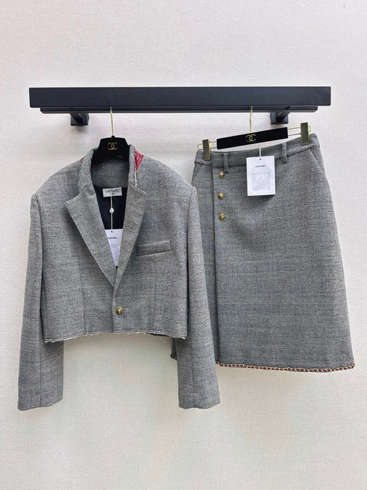 Plaid Cropped Blazer Skirt Set