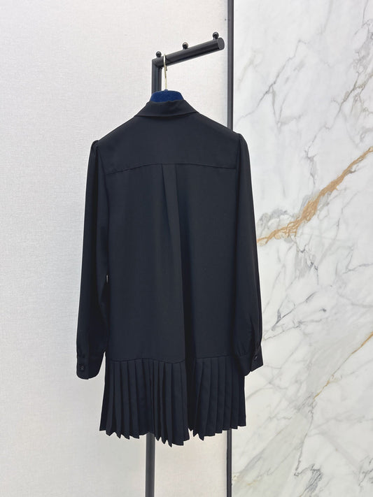 Black Bow Tie Pleated Shirt Dress