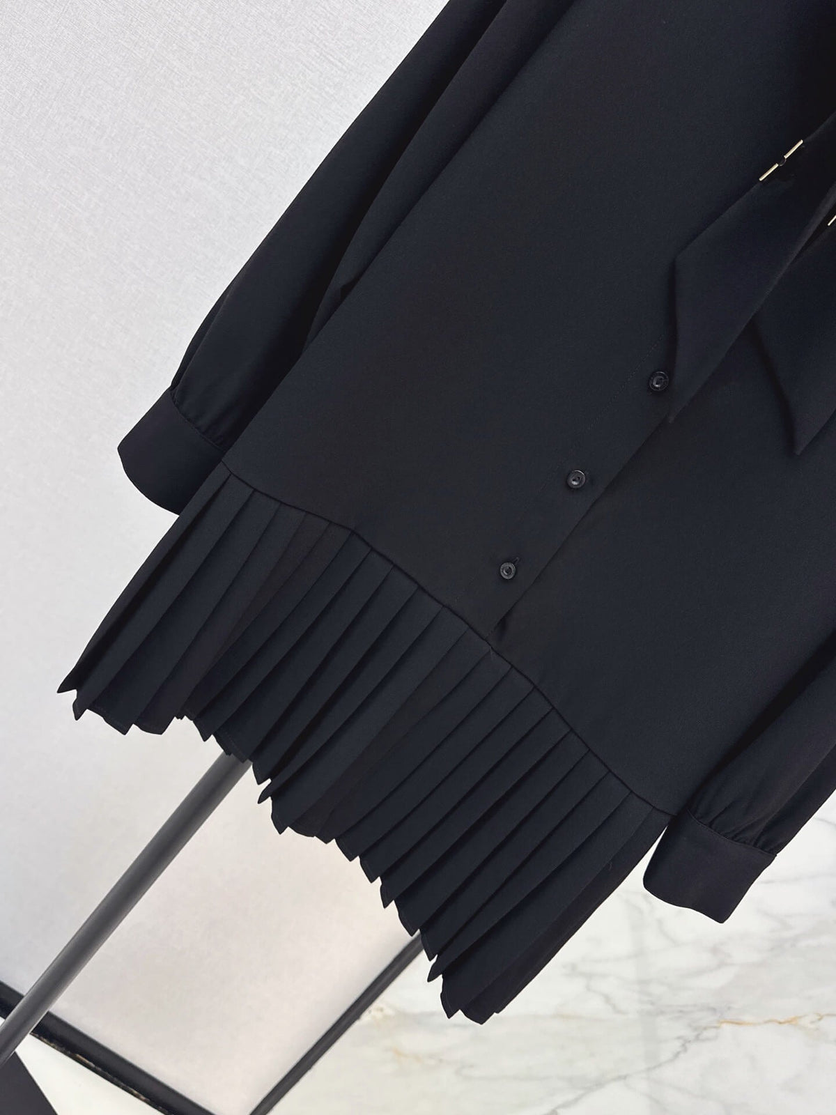 Black Bow Tie Pleated Shirt Dress