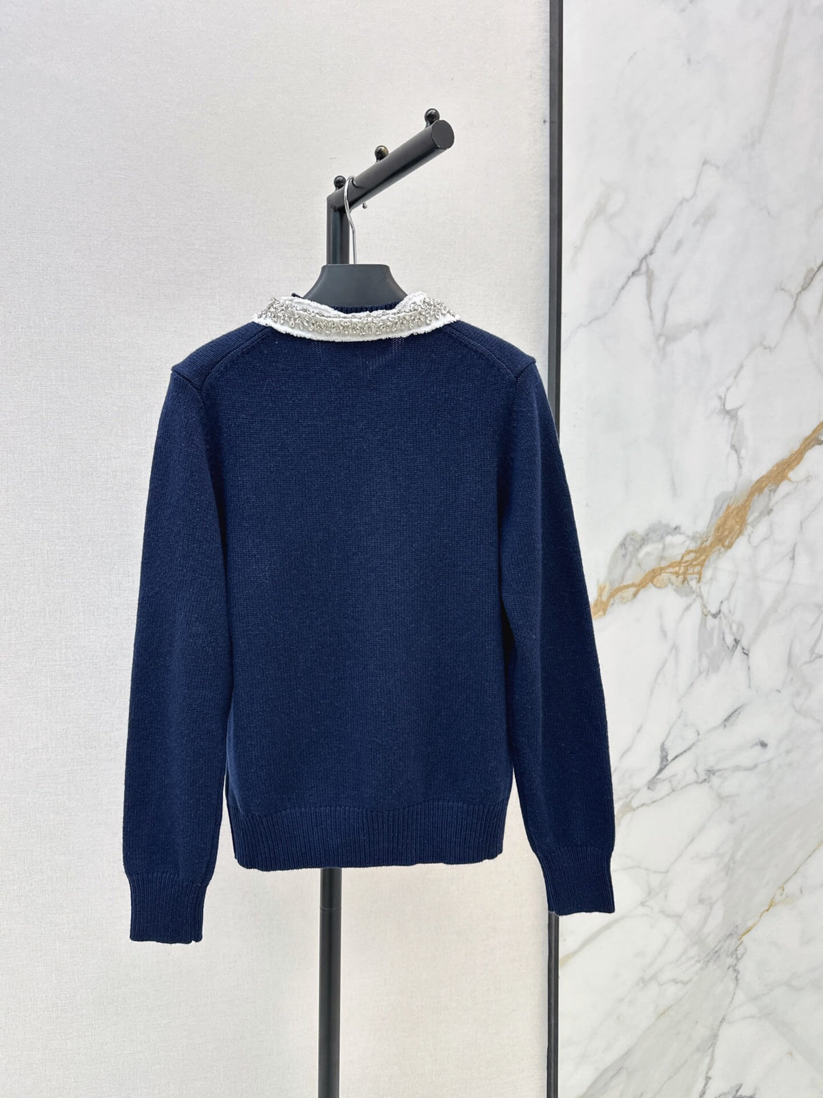 Navy Beaded Collar Knit Cardigan