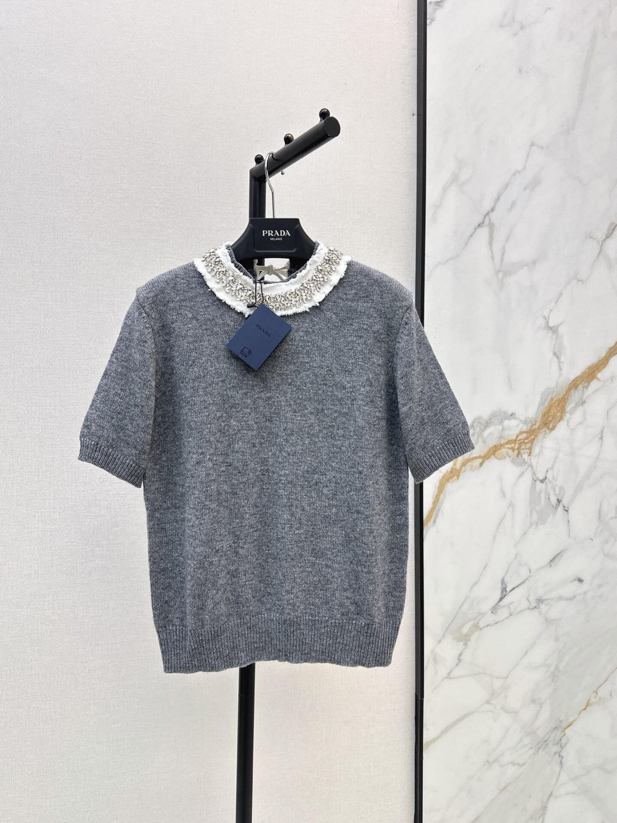 Beaded Collar Short Sleeve Knit Top