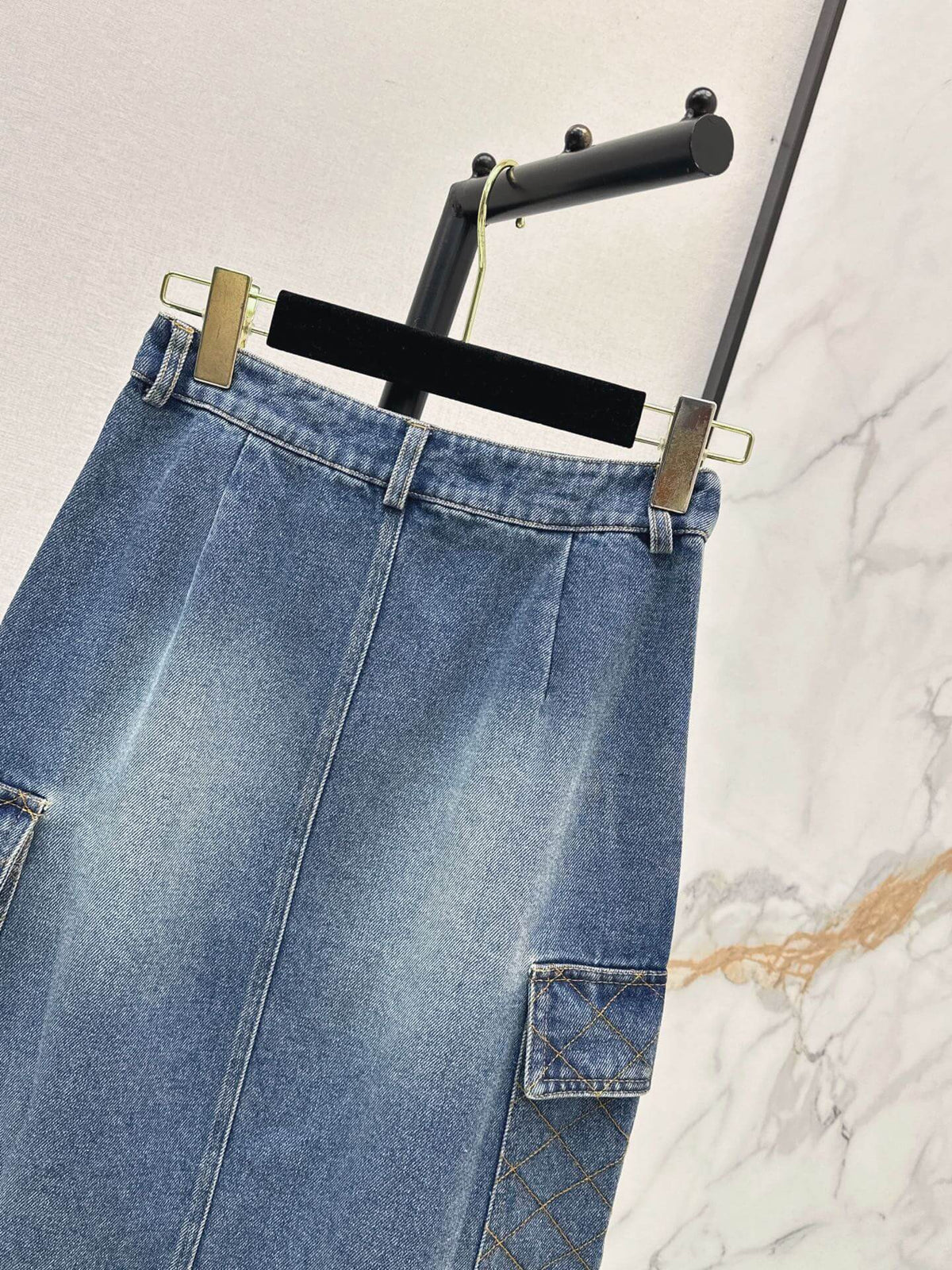 Cargo Denim Midi Skirt