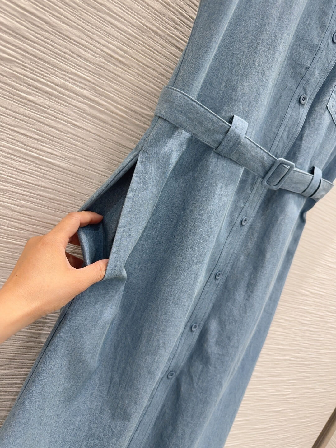 Anagram Embroidery Belted Denim Midi Dress