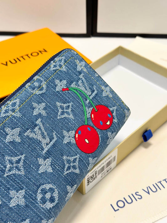 Cherry Monogram Denim Zip-Around Wallet