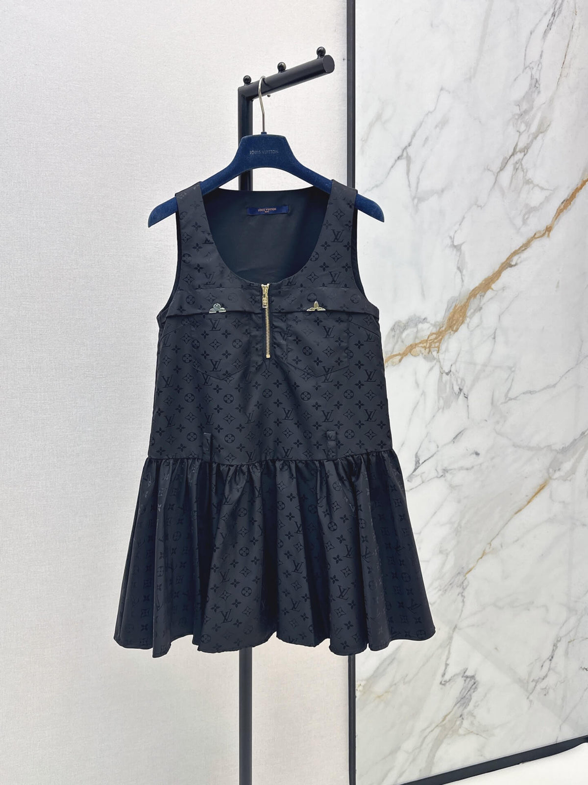 U-Front Zipper Flounce Hem Tank Dress