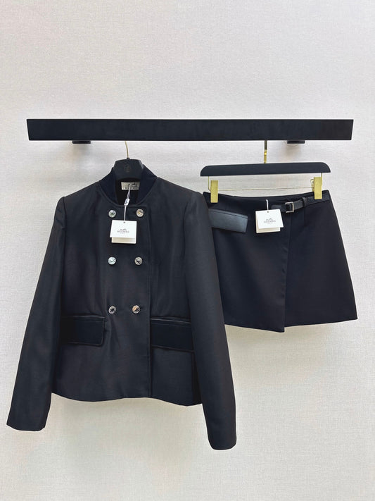 Black Stand Collar Jacket Skort Set