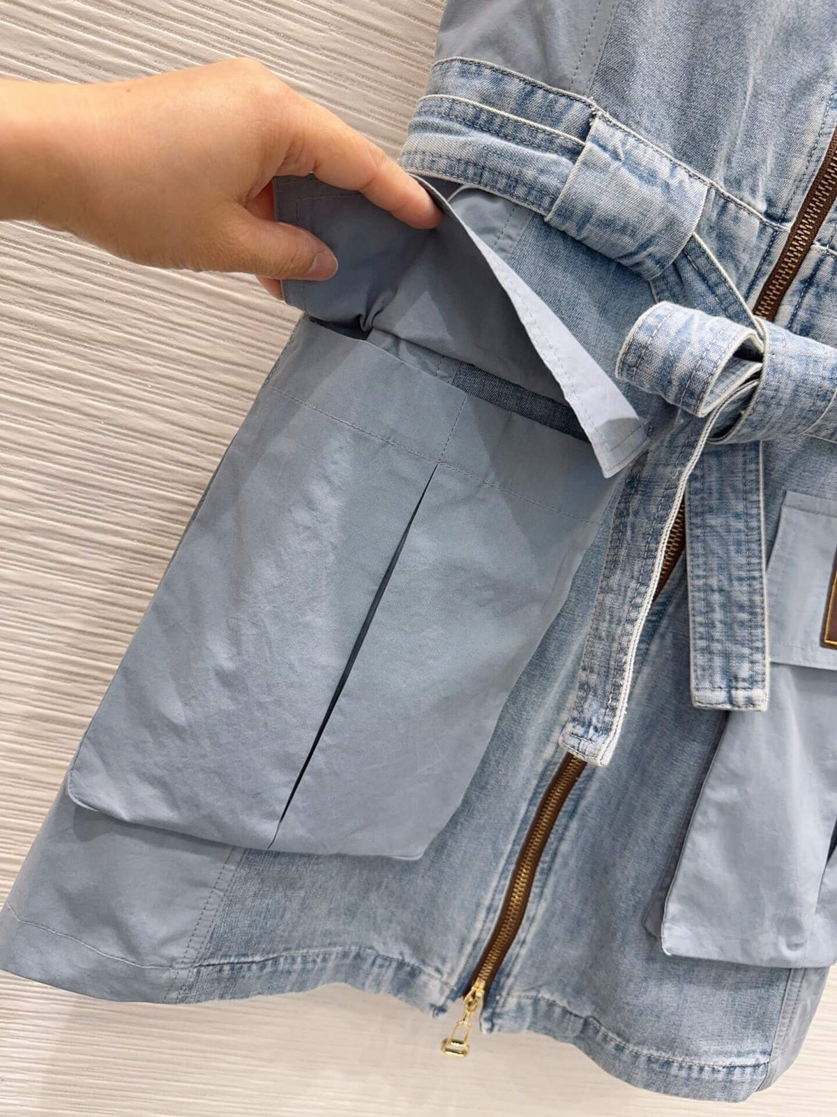 Wash Blue Front Full Zip Tie Waist Dress