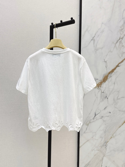 Eyelet Scalloped Hem Logo Patch Tee