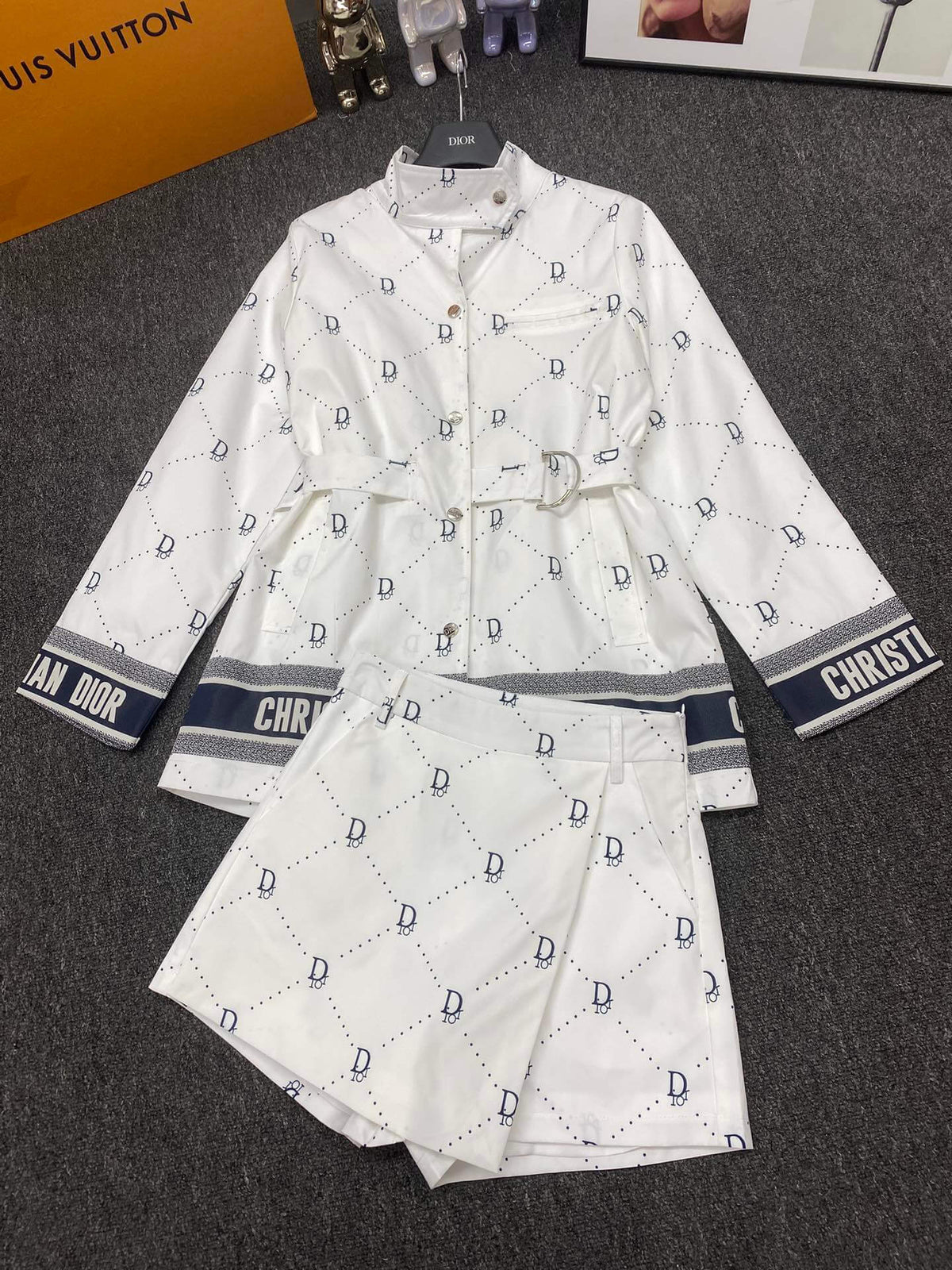 All Over Letter Print Stand Collar Jacket Skort Set