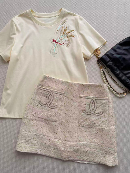 Delicate Embroidery T-Shirt and Skirt Set