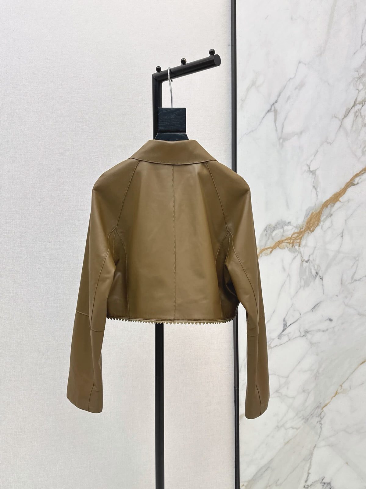 Brown Cropped Leather Jacket Skirt Set