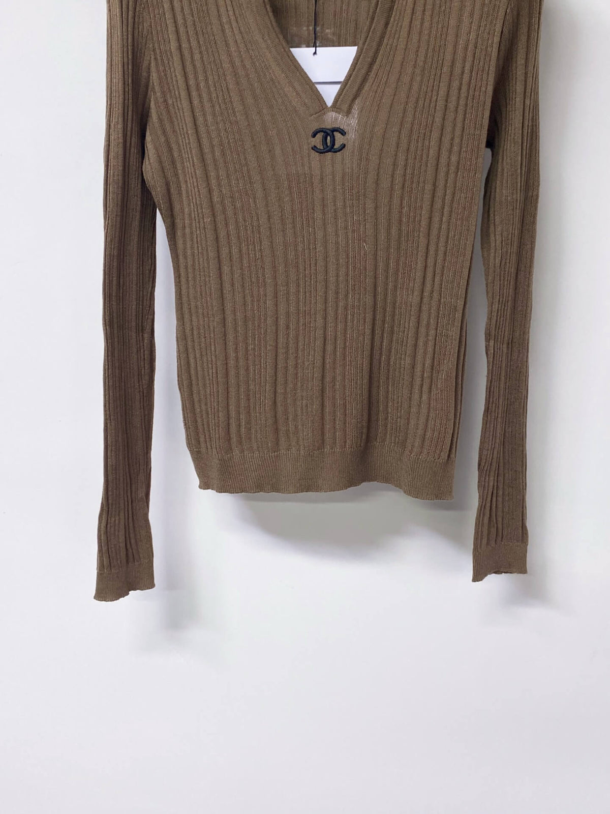 Polo V-Neck Rib Knit Long Sleeve Top