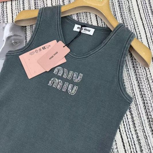 Washed Distressed Diamond-Encrusted Letter Vest
