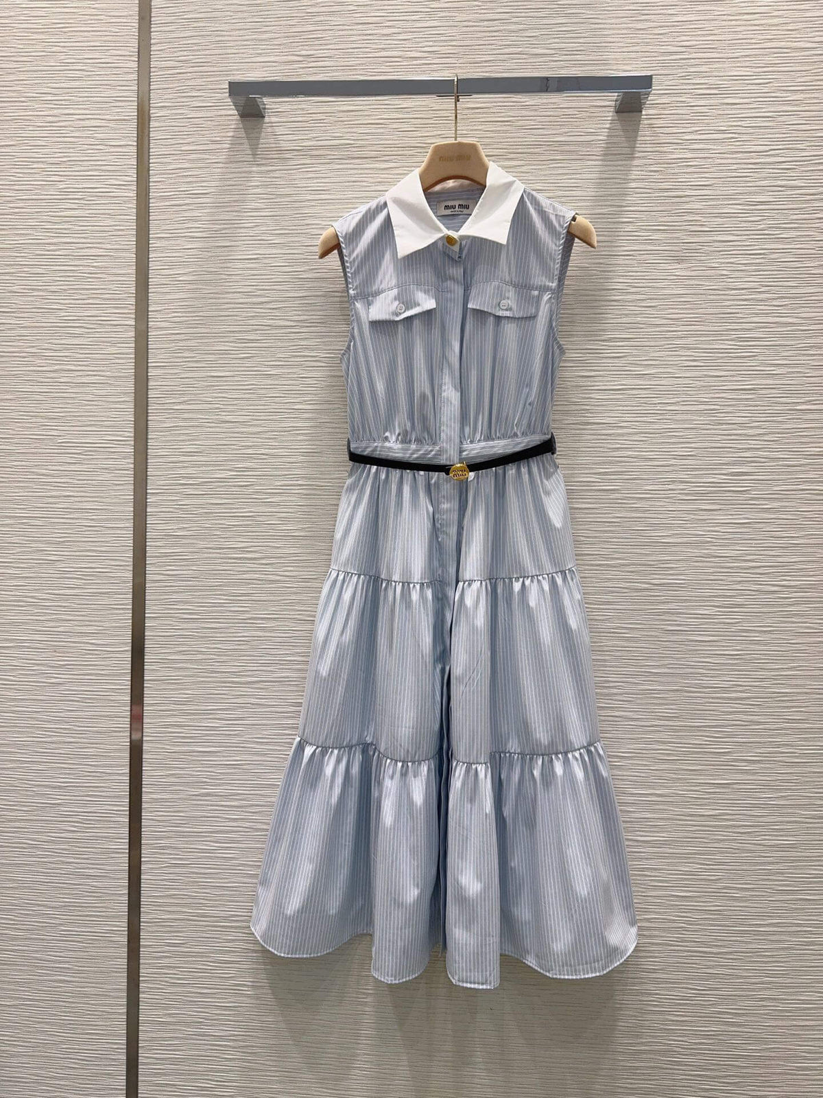 Blue Pinstripe Sleeveless Waist Tie Dress
