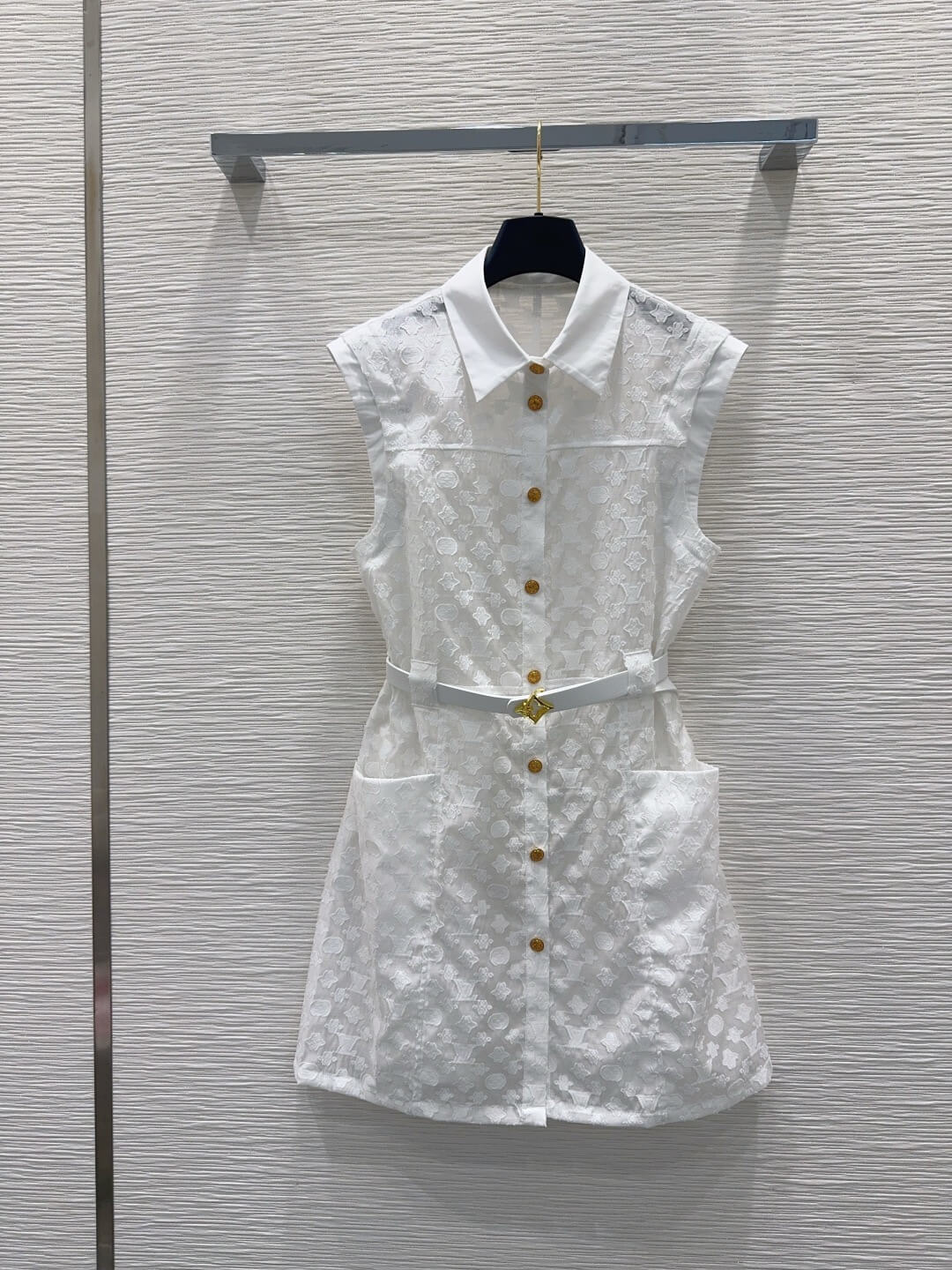 Point Collar Gold Button Pocket Dress