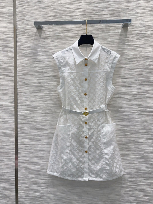 Point Collar Gold Button Pocket Dress