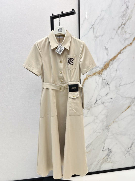 Lapel Short Sleeve Pocket Waist Tie Dress