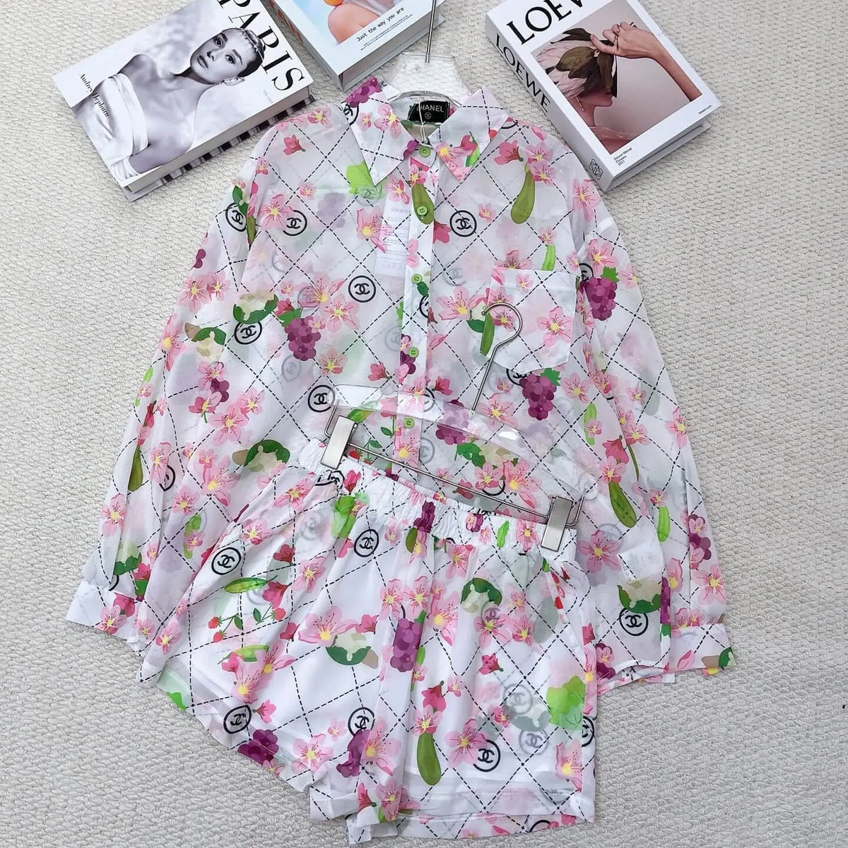 Floral Fruit Print Sheer Shirt Short Set