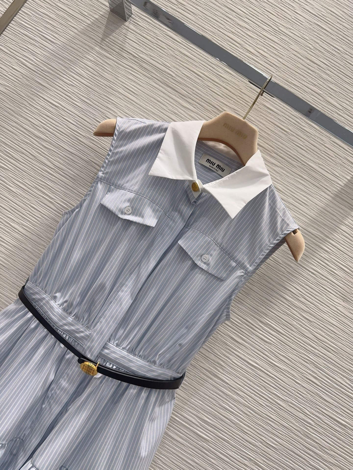 Blue Pinstripe Sleeveless Waist Tie Dress