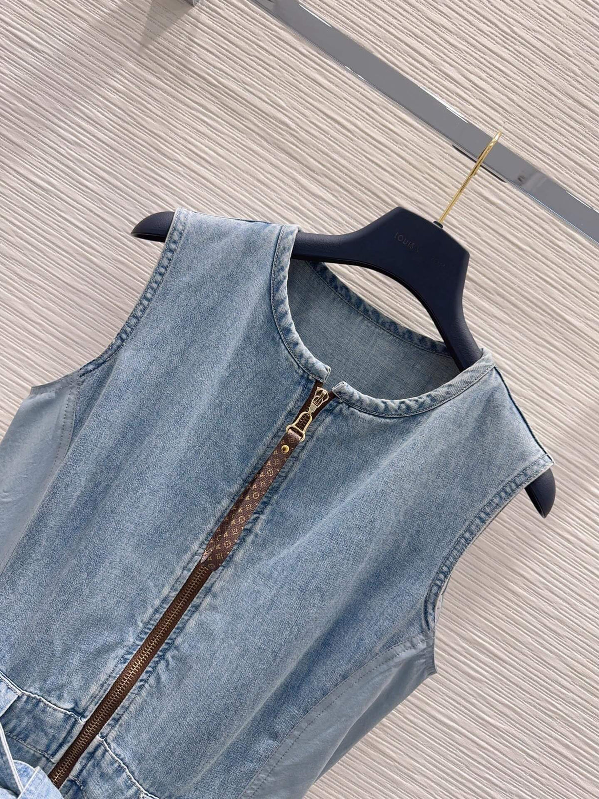 Wash Blue Front Full Zip Tie Waist Dress