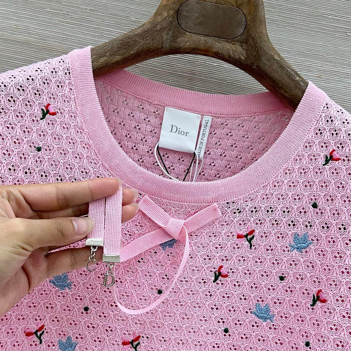 Floral Embroidered Bow Hollow Knit Short Sleeve