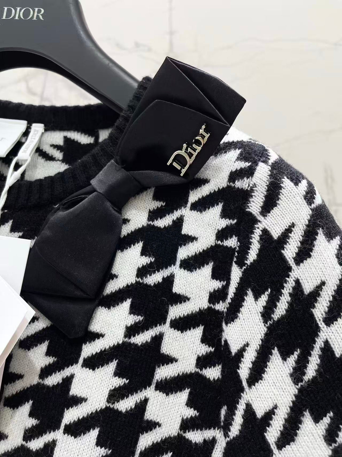 Houndstooth Bow Knit Short Sleeve