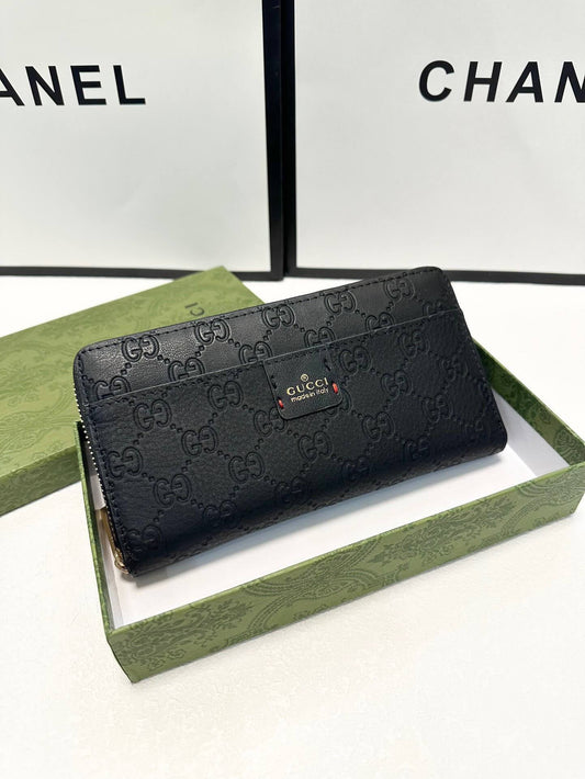 Black Textured Embossed Zip Long Wallet