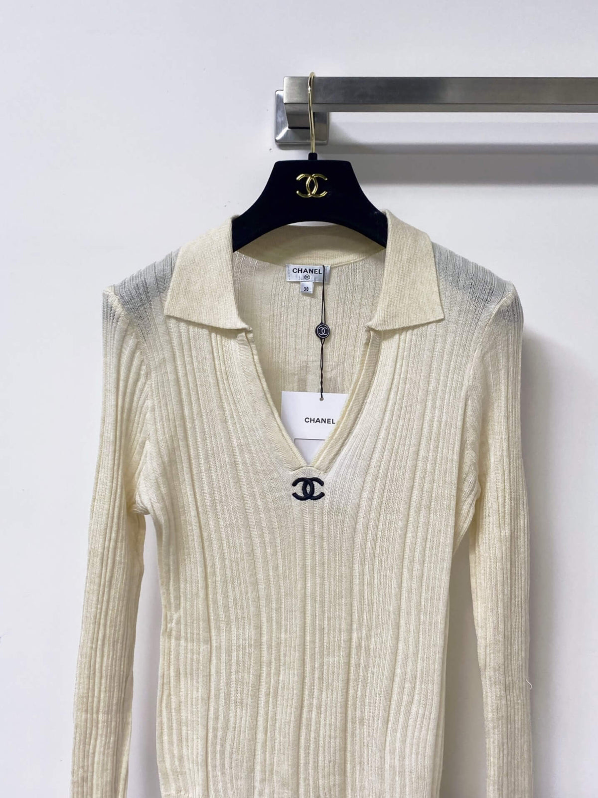 Polo V-Neck Rib Knit Long Sleeve Top