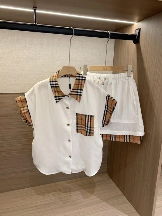 Vintage Plaid Patch Shirt Short Set