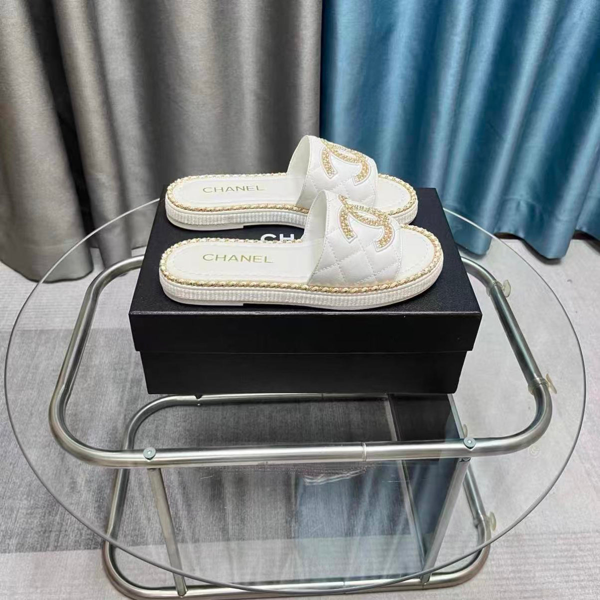 Chain-Trim Leather Slide Sandals