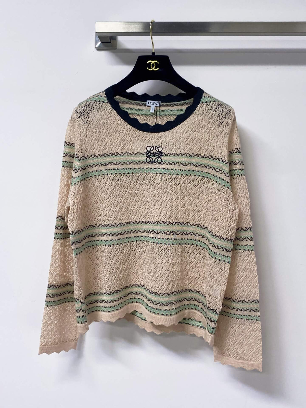 Scallop Neck Striped Hollow Knit Top