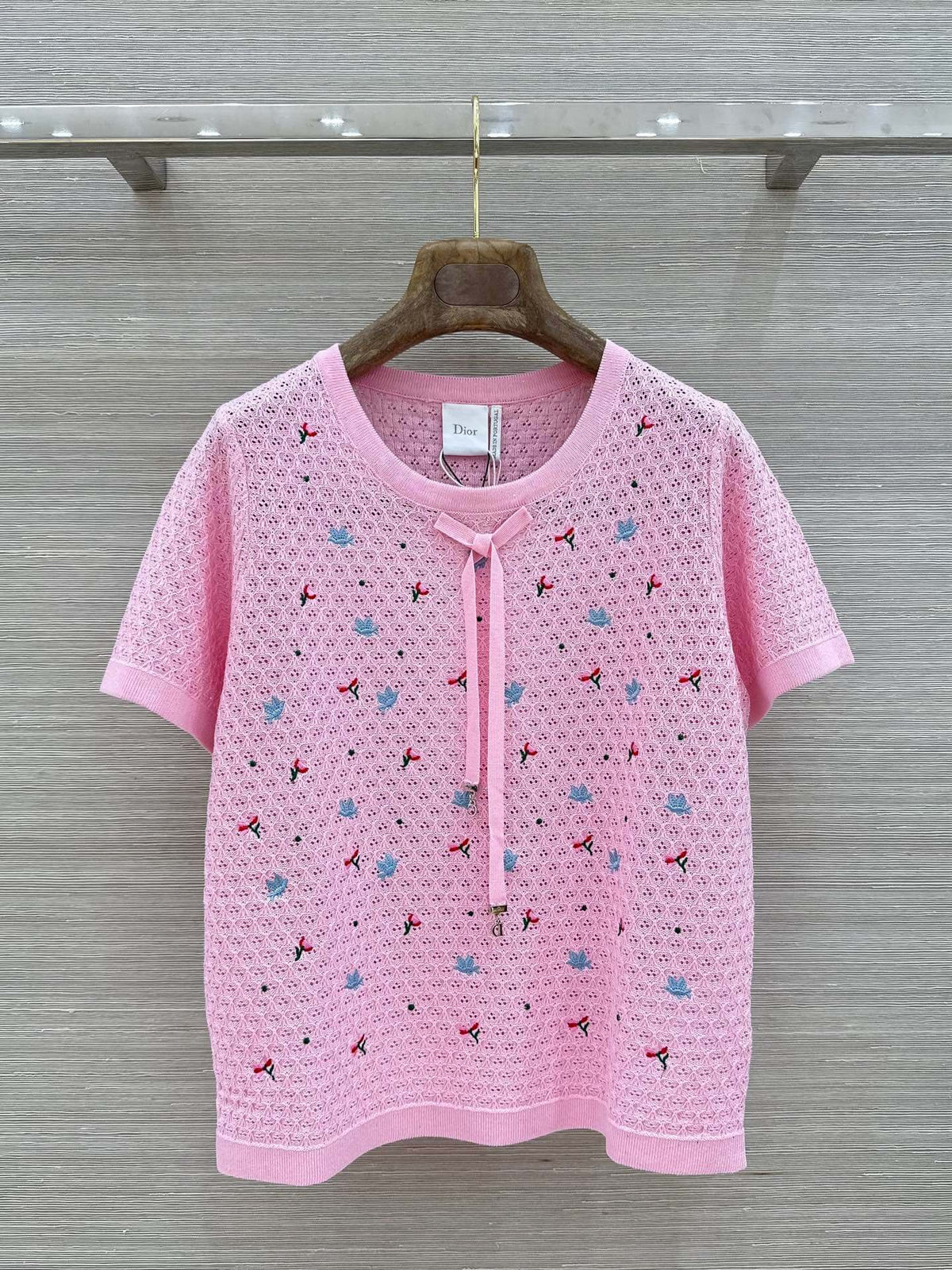 Floral Embroidered Bow Hollow Knit Short Sleeve
