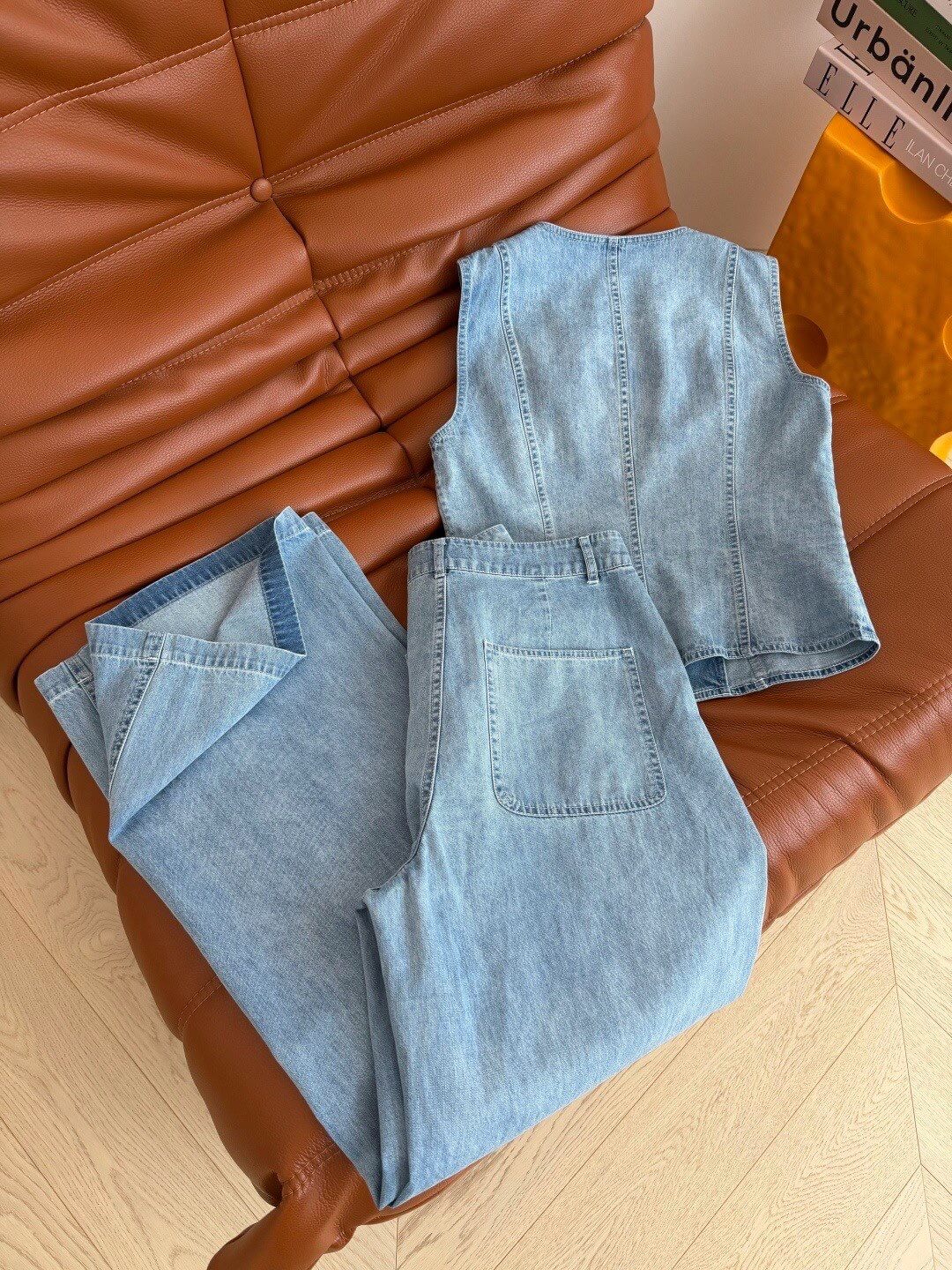 Embroidery Denim Vest Wide Leg Pant Set
