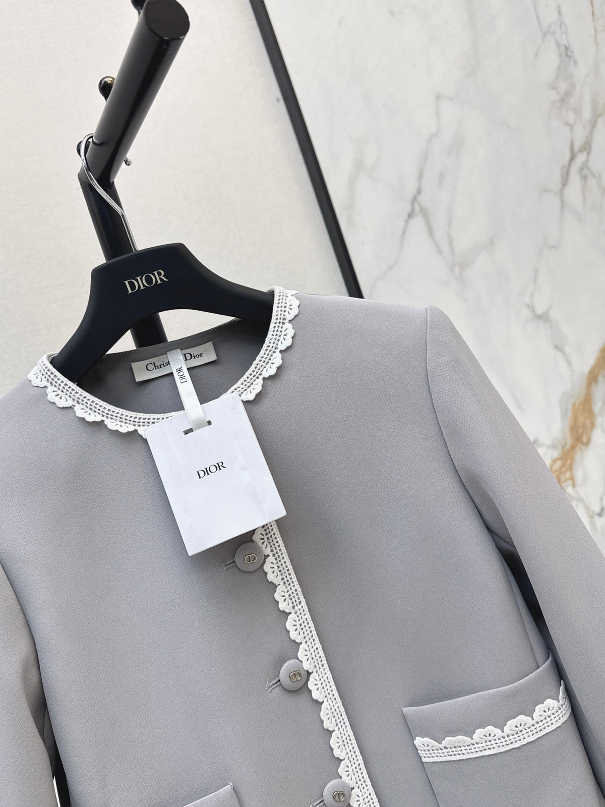 Grey Lace Trim Jacket and Skirt Set