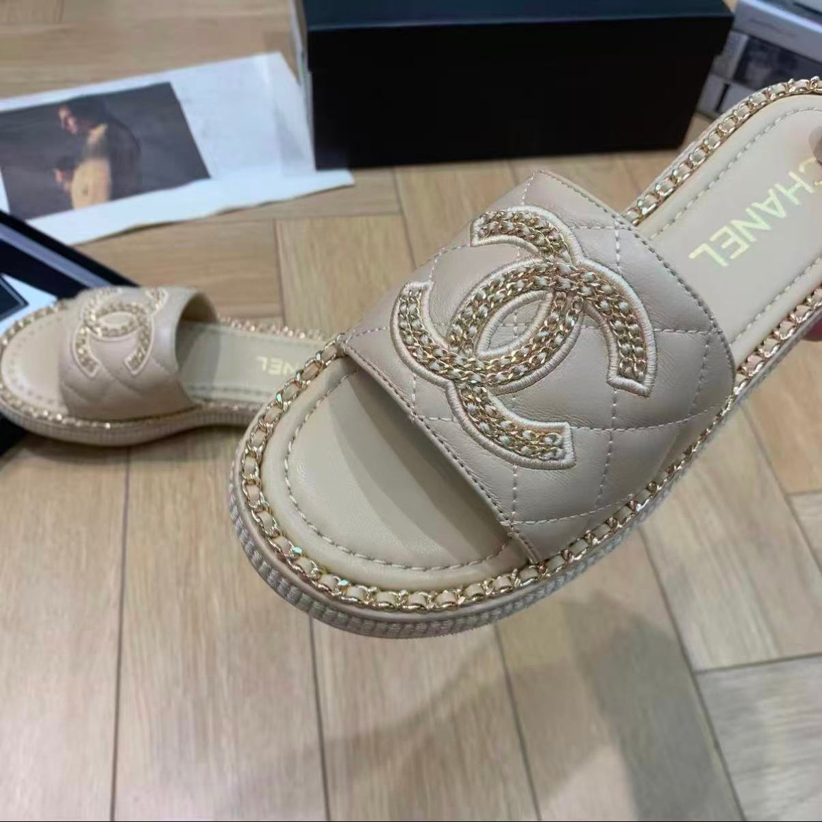 Chain-Trim Leather Slide Sandals